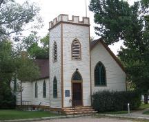 View of the front and side of Rugby Chapel highlighting the tower, 2005.; City of Saskatoon, Kathlyn Szalasznyj, 2005.