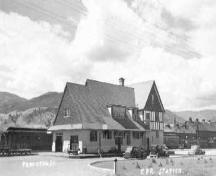 Exterior historic view of the Kettle Valley Railway Station, pre-1945; Penticton Museum