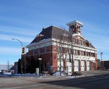 View from the southwest of the front elevations of the Brandon Central Fire Station, 2004; Historic Resources Branch, Manitoba Culture, Heritage & Tourism, 2005