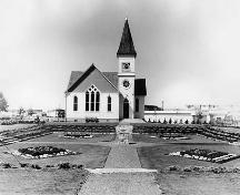 Exterior view of the Minoru Chapel with Pierrefonds Gardens in foreground; Richmond Archives photo no. 1978 27 10