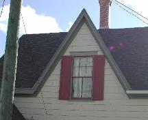 This photograph shows the steeply-pitched central gable, which is a distinguishing characteristic of the Gothic Revival style, 2005; City of Saint John