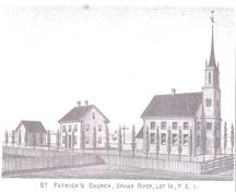 Engraving of church before W.C. Harris changes; Meacham&#039;s Illustrated Historical Atlas of PEI, 1880
