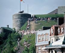 View of the Fortifications of Québec National Historic Site of Canada, showing part of the citadel on Cap Diamant, 1984.; Parks Canada Agency / Agence Parcs Canada, P. St. Jacques, 1984.
