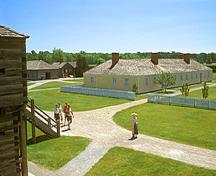 General view of some of the original buildings of Fort George National Historic Site of Canada demonstrating the spatial inter-relationships between the remains of original facilities inside the palisade, 1995.; Parks Canada Agency / Agence Parcs Canada, B. Morin, 1995.