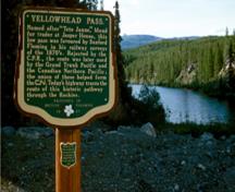 View of a plaque commemorating Yellowhead Pass, 1968.; Parks Canada Agency/Agence Parcs Canada, R.D. Muir, 1968.